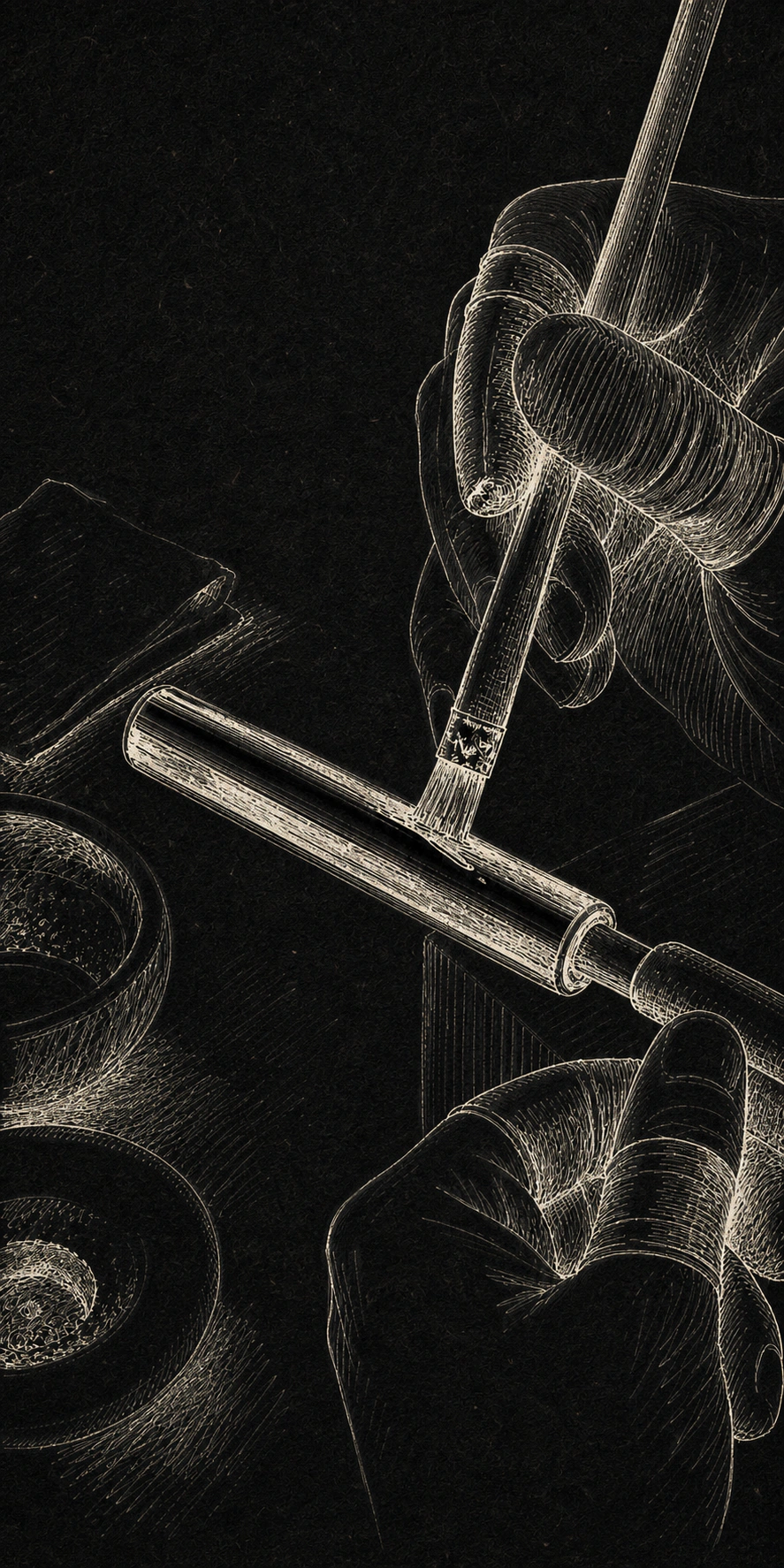 Warm-white ink sketch on charcoal paper of an artisan applying lacquer to a pen barrel