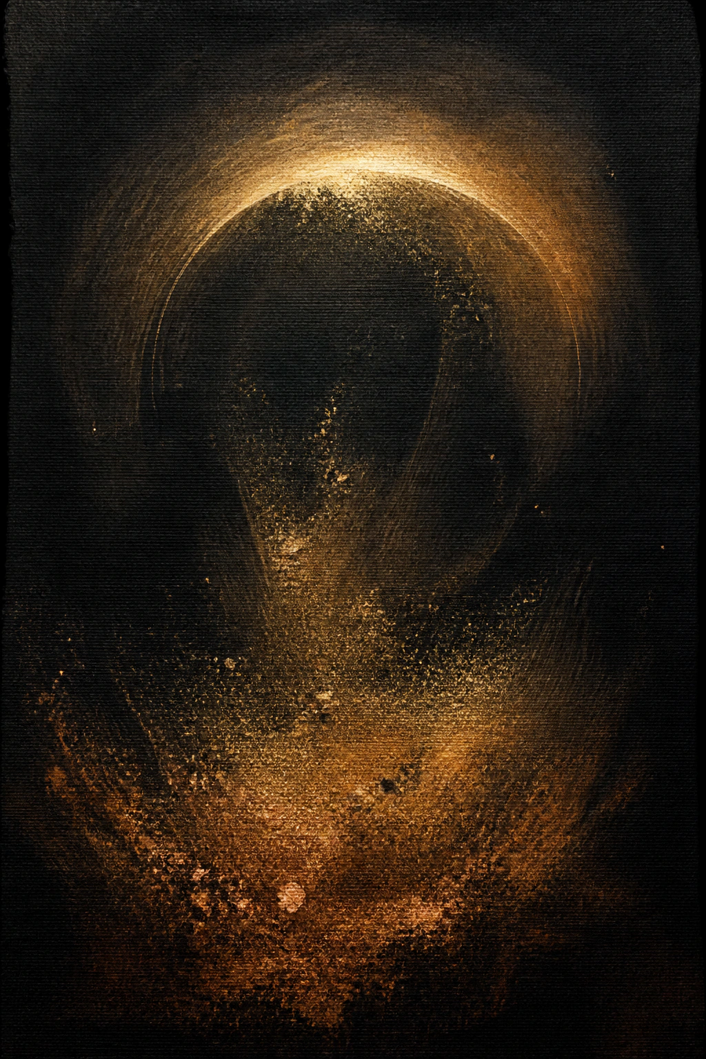 Abstract golden mineral-pigment study of first light emerging from darkness
