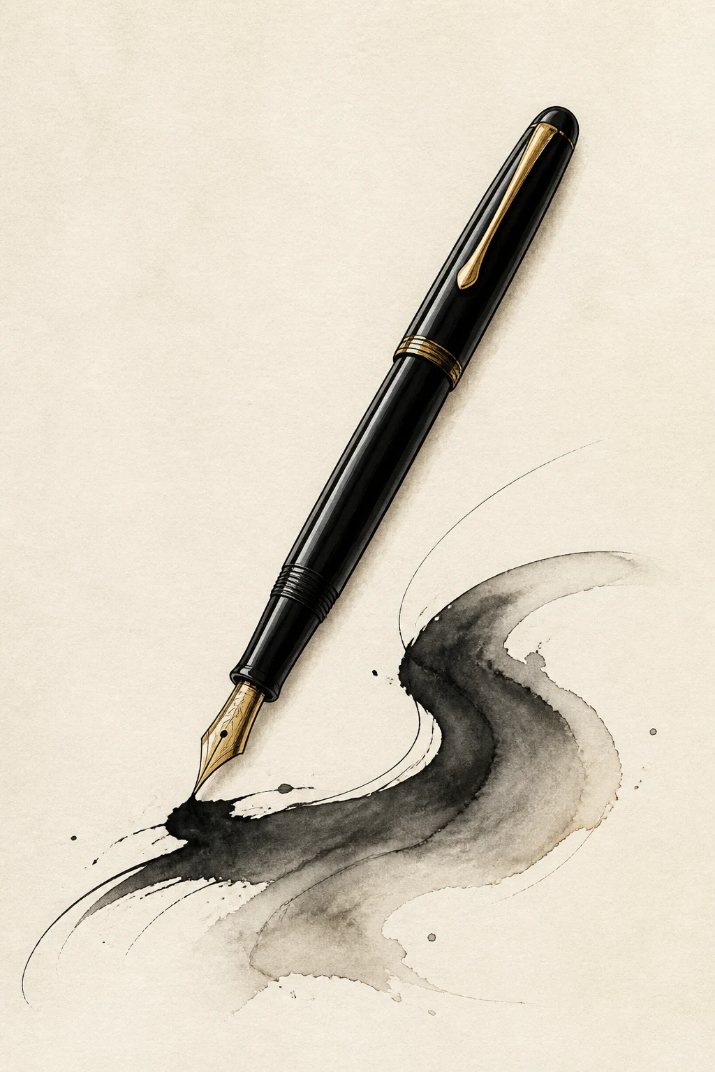 Black ink and watercolor study of a timeless black fountain pen making an expressive ink mark