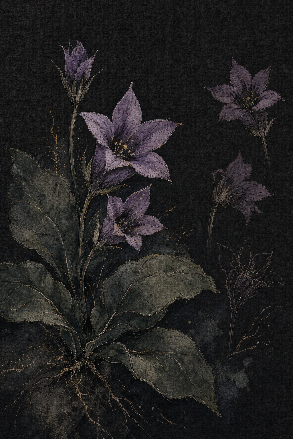 Ink and mineral-pigment botanical study of violet mandrake flowers